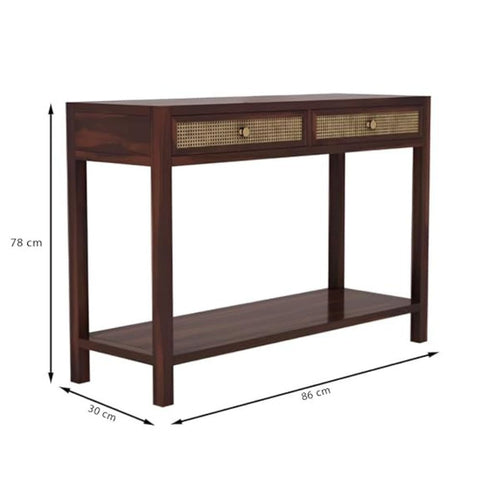 ONIJA Sheesham Wood Ratton Console Table with 2 Drawer and Bottom Shelf Storage Wooden Hallway Furniture for Living Room and Home - WALNUT FINISH