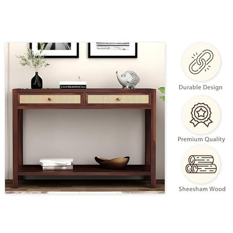 ONIJA Sheesham Wood Ratton Console Table with 2 Drawer and Bottom Shelf Storage Wooden Hallway Furniture for Living Room and Home - WALNUT FINISH