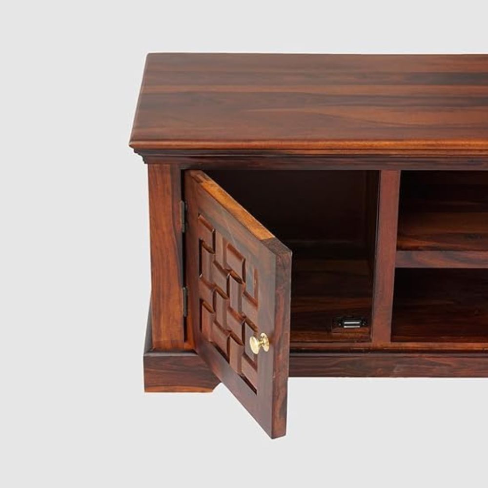 ONIJA Solid Sheesham Wood 2 Door & 2 Shelf Storage TV Cabinet for Living Room | TV Stand Table with Niwar Design