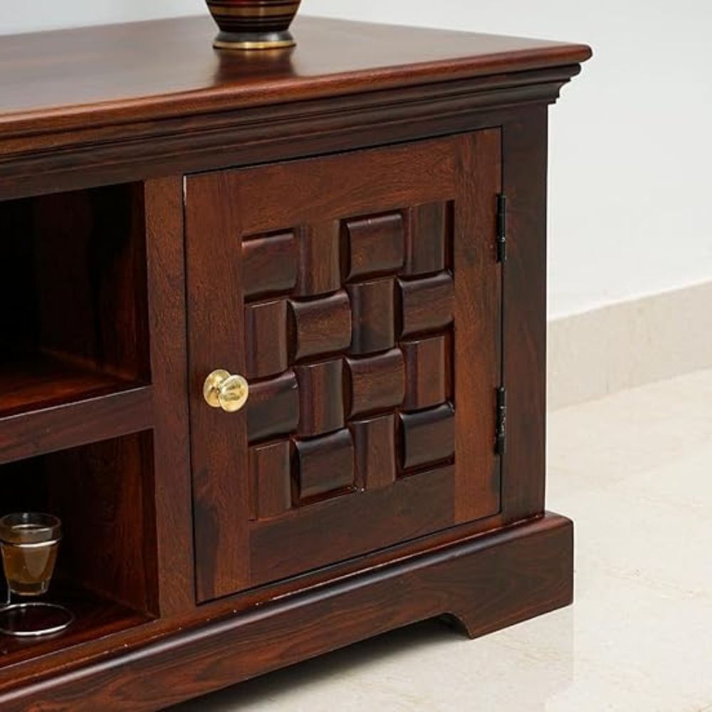 ONIJA Solid Sheesham Wood 2 Door & 2 Shelf Storage TV Cabinet for Living Room | TV Stand Table with Niwar Design