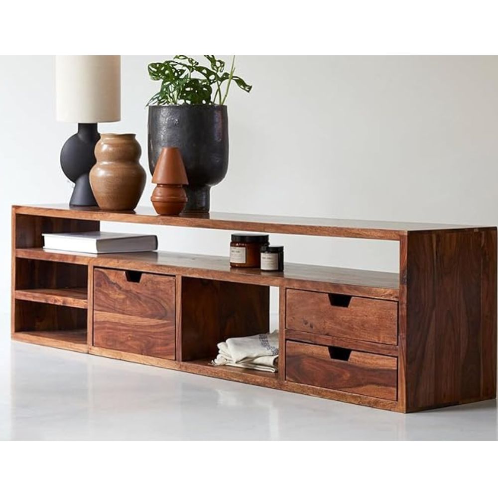 ONIJA Sheesham Wood TV Stand with 3 Drawer & Shelf Storage for Living Room Home Entertainment Unit Center Console TV Table Wooden Tv Cabinet (Honey Brown Finish)