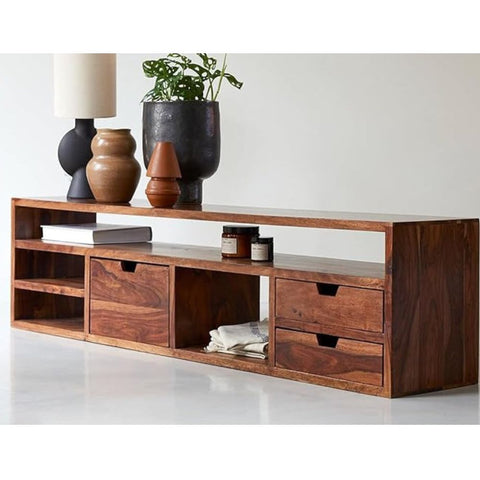 ONIJA Sheesham Wood TV Stand with 3 Drawer & Shelf Storage for Living Room Home Entertainment Unit Center Console TV Table Wooden Tv Cabinet (Honey Brown Finish)