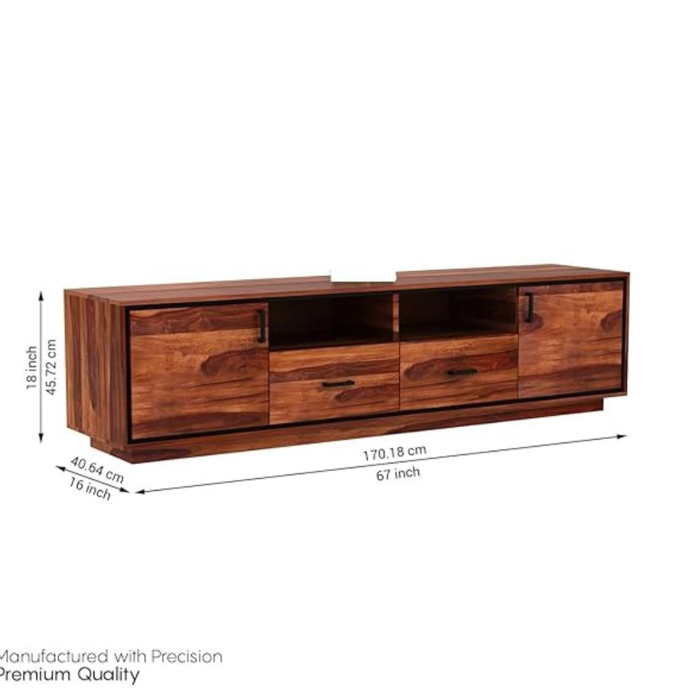 ONIJA  Solid Sheesham Wood TV Unit with 2 Drawers, 2 Shelves, and 2-Door Storage - Accommodates up to 65-Inch TV - Ideal for Living Room