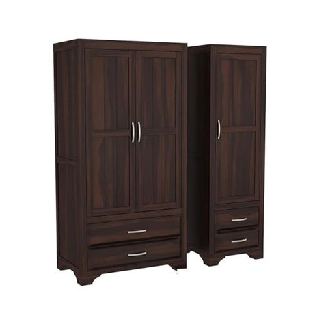 ONIJA  Wooden 3 Door Wardrobe for Clothes with 4 Drawer 4 Shelf Storage & Hanging Space - Sheesham Wood Almirah for Bedroom - WALNUT FINISH