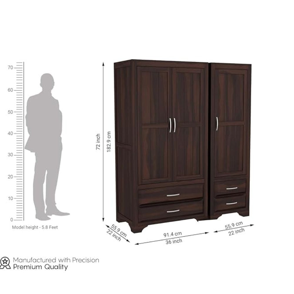 ONIJA  Wooden 3 Door Wardrobe for Clothes with 4 Drawer 4 Shelf Storage & Hanging Space - Sheesham Wood Almirah for Bedroom - WALNUT FINISH