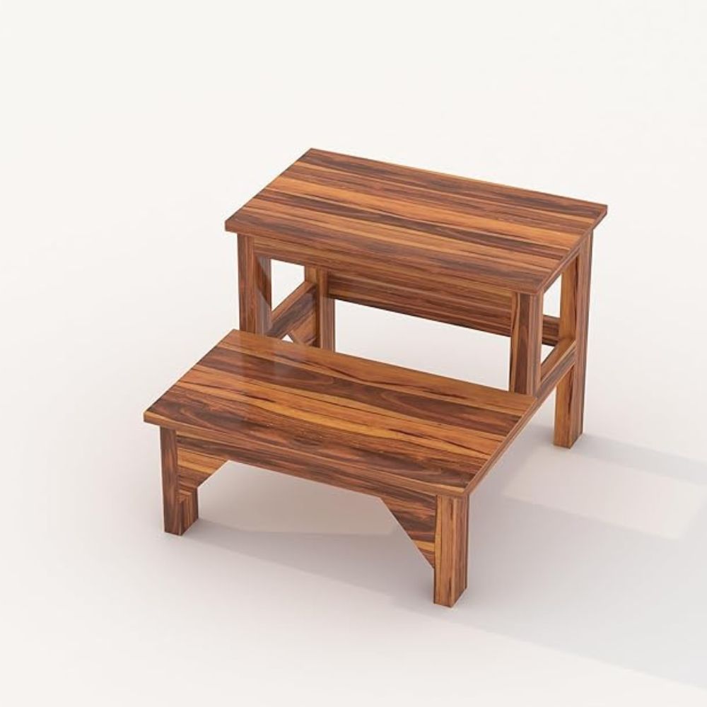 ONIJA Solid Sheesham Wood 2 Step Stool for Kitchen | Wooden Foot Rest Stool for Living Room | Rosewood Stepping Footstool/Foot Stool | Multipurpos Two-Step Stool for Home - HONEY FINISH