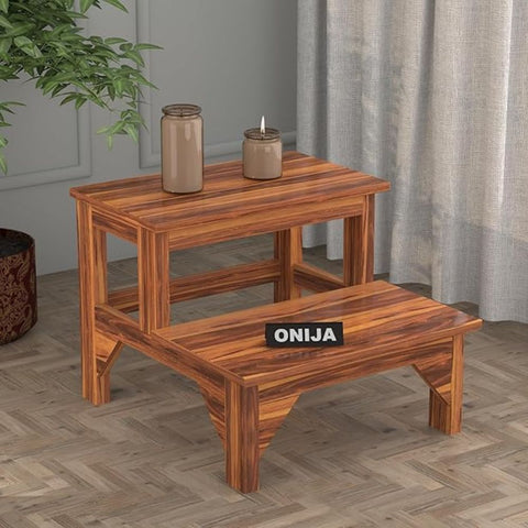 ONIJA Solid Sheesham Wood 2 Step Stool for Kitchen | Wooden Foot Rest Stool for Living Room | Rosewood Stepping Footstool/Foot Stool | Multipurpos Two-Step Stool for Home - HONEY FINISH