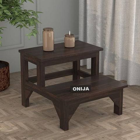 ONIJA Solid Sheesham Wood 2 Step Stool for Kitchen | Wooden Foot Rest Stool for Living Room | Rosewood Stepping Footstool/Foot Stool | Multipurpos Two-Step Stool for Home - WALNUT FINISH