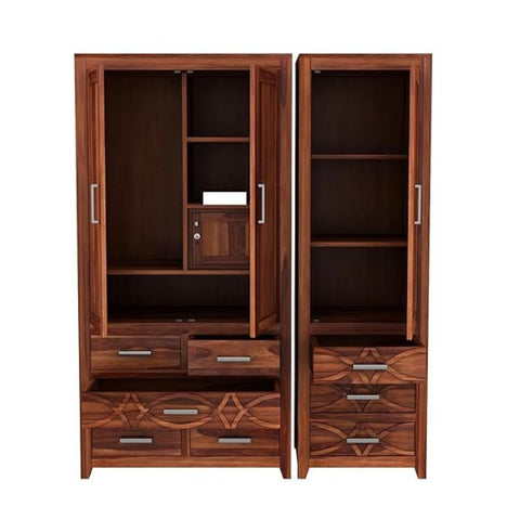 ONIJA Wooden 3 Door Wardrobe for Clothes with 8 Drawer 7 Shelf Storage & Hanging Space and 1 Locker - Sheesham Wood Almirah for Bedroom - HONEY FINISH