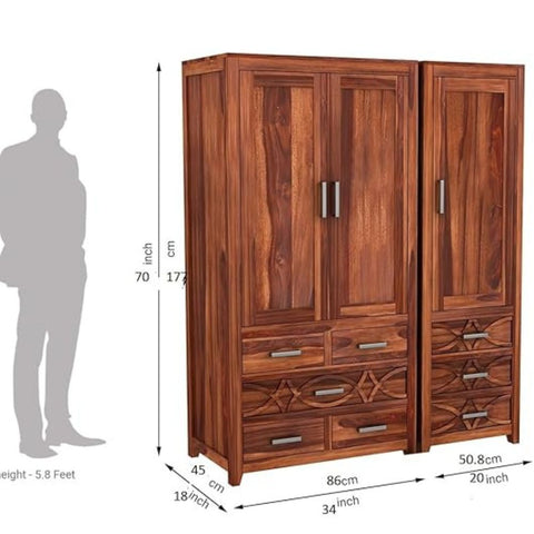 ONIJA Wooden 3 Door Wardrobe for Clothes with 8 Drawer 7 Shelf Storage & Hanging Space and 1 Locker - Sheesham Wood Almirah for Bedroom - HONEY FINISH