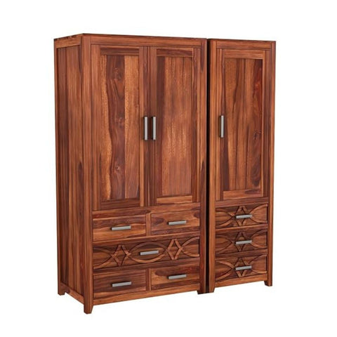 ONIJA Wooden 3 Door Wardrobe for Clothes with 8 Drawer 7 Shelf Storage & Hanging Space and 1 Locker - Sheesham Wood Almirah for Bedroom - HONEY FINISH