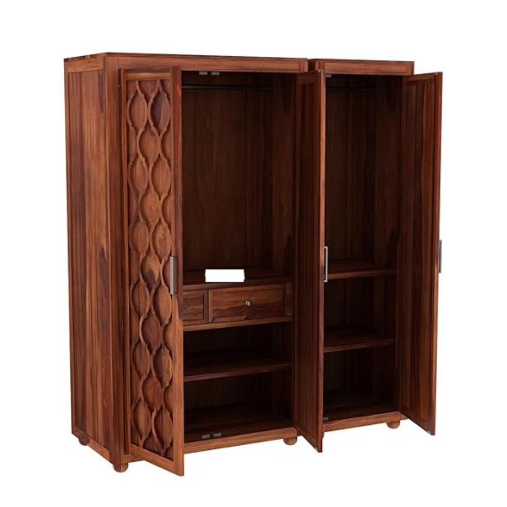 ONIJA Wooden 3 Door Wardrobe for Clothes with 2 Drawer 6 Shelf Storage & Hanging Space - Sheesham Wood Almirah for Bedroom - HONEY FINISH