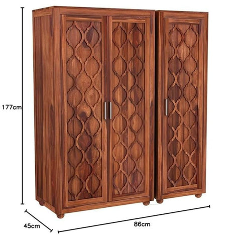 ONIJA Wooden 3 Door Wardrobe for Clothes with 2 Drawer 6 Shelf Storage & Hanging Space - Sheesham Wood Almirah for Bedroom - HONEY FINISH