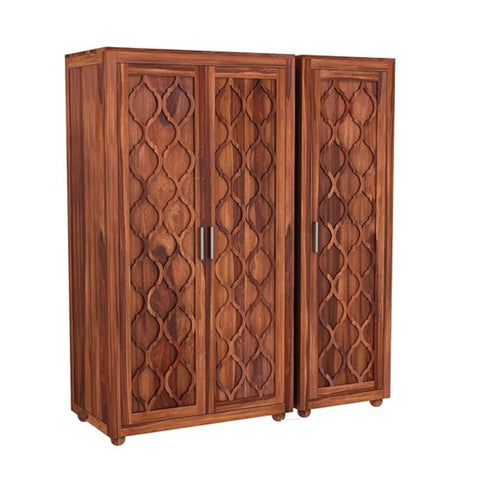 ONIJA Wooden 3 Door Wardrobe for Clothes with 2 Drawer 6 Shelf Storage & Hanging Space - Sheesham Wood Almirah for Bedroom - HONEY FINISH