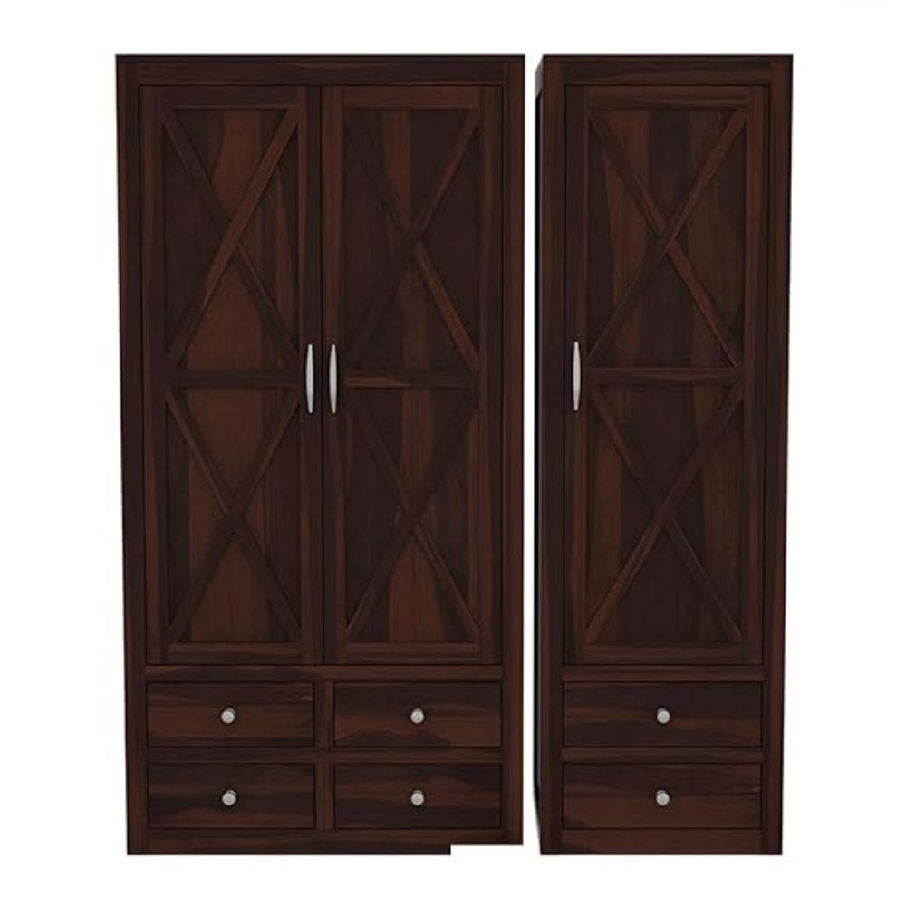 ONIJA Wooden 3 Door Wardrobe for Clothes with 6 Drawer 4 Shelf Storage & Hanging Space - Sheesham Wood Almirah for Bedroom