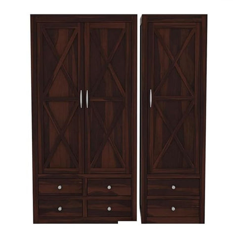 ONIJA Wooden 3 Door Wardrobe for Clothes with 6 Drawer 4 Shelf Storage & Hanging Space - Sheesham Wood Almirah for Bedroom
