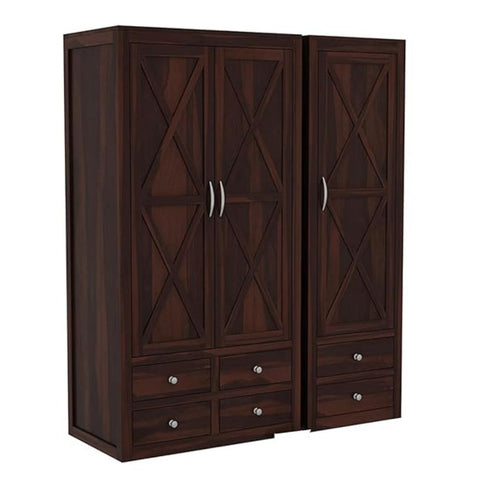 ONIJA Wooden 3 Door Wardrobe for Clothes with 6 Drawer 4 Shelf Storage & Hanging Space - Sheesham Wood Almirah for Bedroom