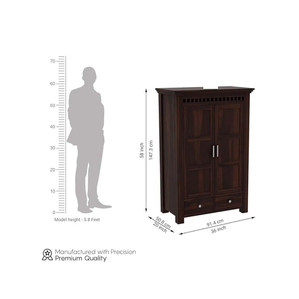 ONIJA Wooden 2 Door Wardrobe for Clothes with 2 Drawer 2 Shelf Storage & Hanging Space - Sheesham Wood Almirah for Bedroom