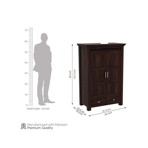 ONIJA Wooden 2 Door Wardrobe for Clothes with 2 Drawer 2 Shelf Storage & Hanging Space - Sheesham Wood Almirah for Bedroom