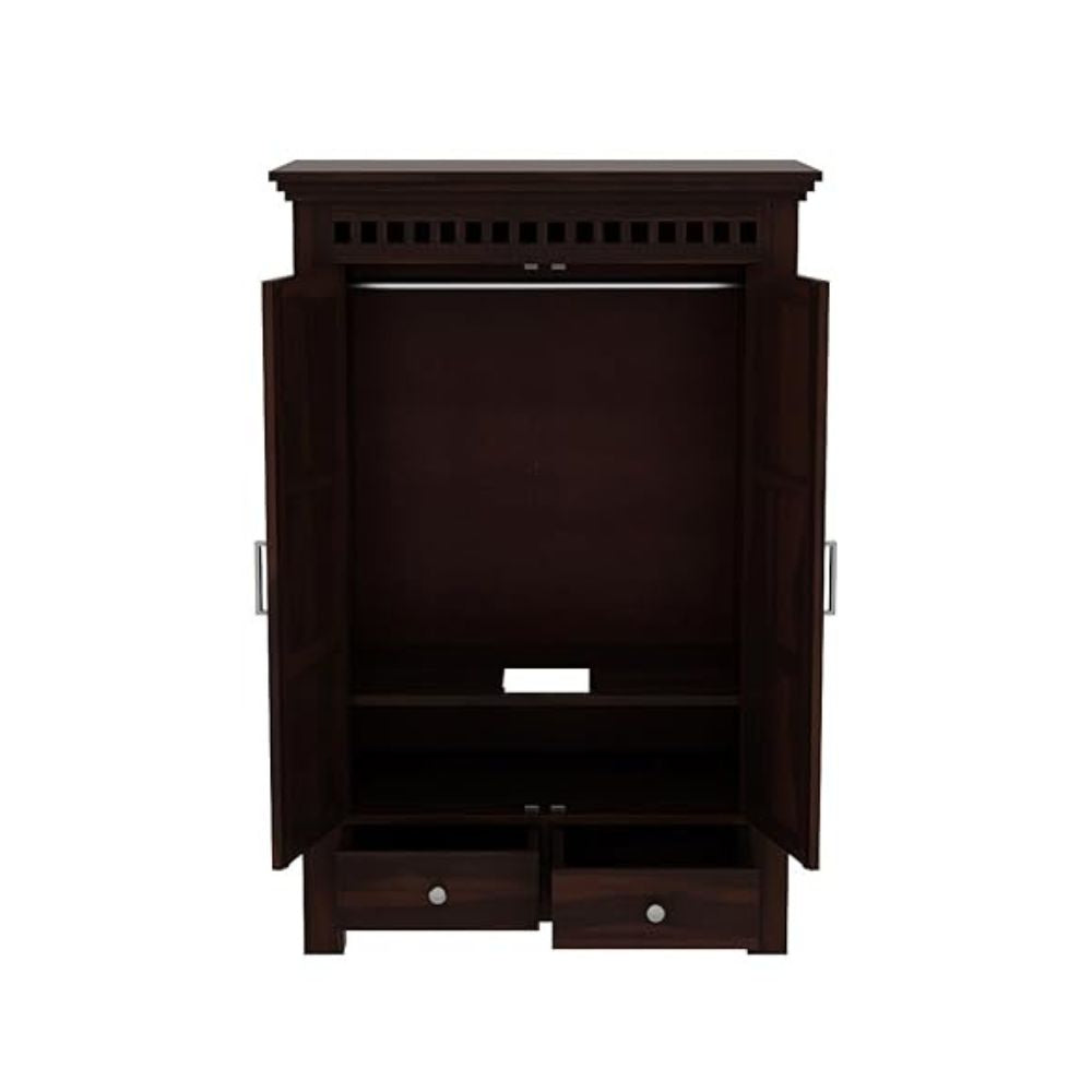 ONIJA Wooden 2 Door Wardrobe for Clothes with 2 Drawer 2 Shelf Storage & Hanging Space - Sheesham Wood Almirah for Bedroom