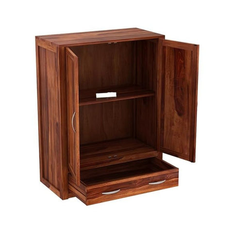 ONIJA Wooden 2 Door Wardrobe for Clothes with 1 Drawer 2 Shelf Storage & Hanging Space - Sheesham Wood Almirah for Bedroom