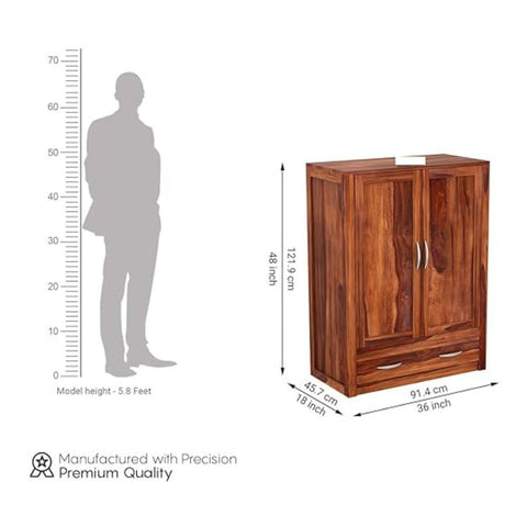 ONIJA Wooden 2 Door Wardrobe for Clothes with 1 Drawer 2 Shelf Storage & Hanging Space - Sheesham Wood Almirah for Bedroom