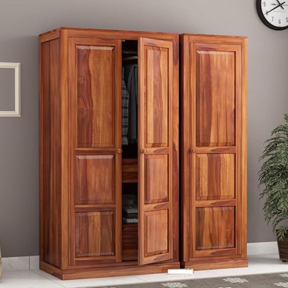 ONIJA Wooden 3 Door Wardrobe for Clothes with 5 Drawer 5 Shelf Storage & Hanging Space - Sheesham Wood Almirah for Bedroom - Solid Wood Large Cupboard