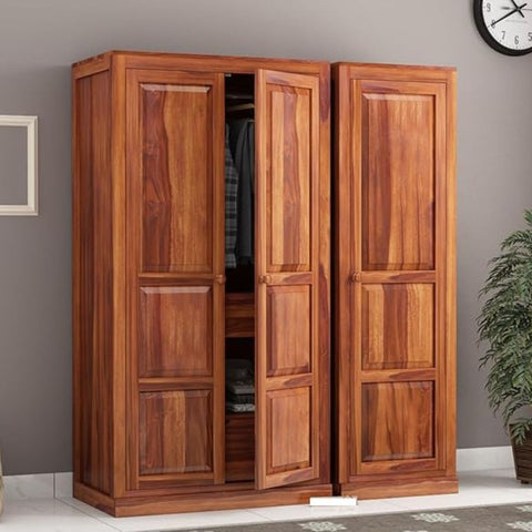 ONIJA Wooden 3 Door Wardrobe for Clothes with 5 Drawer 5 Shelf Storage & Hanging Space - Sheesham Wood Almirah for Bedroom - Solid Wood Large Cupboard