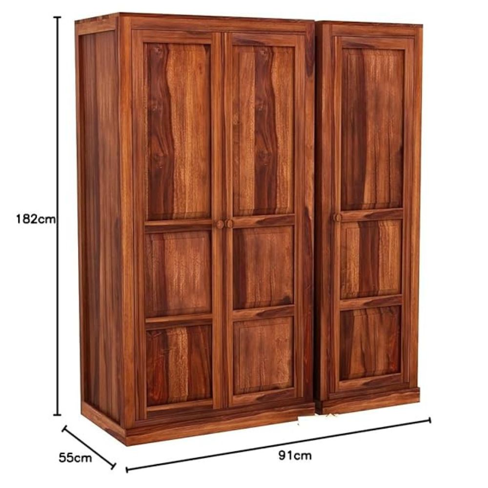 ONIJA Wooden 3 Door Wardrobe for Clothes with 5 Drawer 5 Shelf Storage & Hanging Space - Sheesham Wood Almirah for Bedroom - Solid Wood Large Cupboard