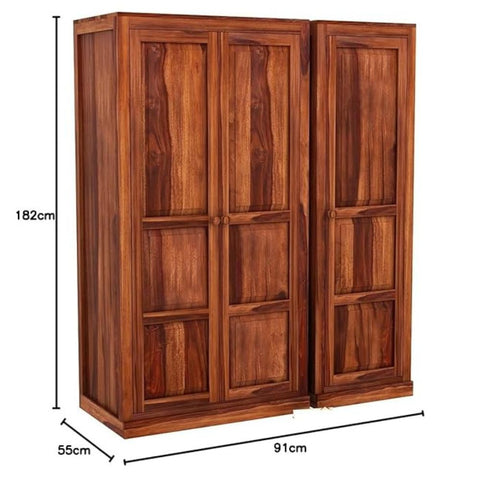 ONIJA Wooden 3 Door Wardrobe for Clothes with 5 Drawer 5 Shelf Storage & Hanging Space - Sheesham Wood Almirah for Bedroom - Solid Wood Large Cupboard