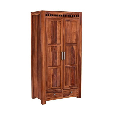 ONIJA Wooden 2 Door Wardrobe for Clothes with 2 Drawer 4 Shelf Storage & Hanging Space - Sheesham Wood Almirah for Bedroom - Solid Wood Large Cupboard