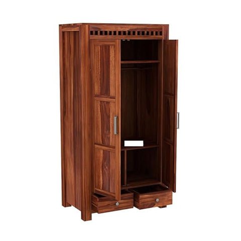 ONIJA Wooden 2 Door Wardrobe for Clothes with 2 Drawer 4 Shelf Storage & Hanging Space - Sheesham Wood Almirah for Bedroom - Solid Wood Large Cupboard