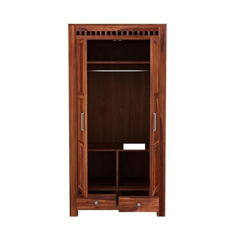 ONIJA Wooden 2 Door Wardrobe for Clothes with 2 Drawer 4 Shelf Storage & Hanging Space - Sheesham Wood Almirah for Bedroom - Solid Wood Large Cupboard