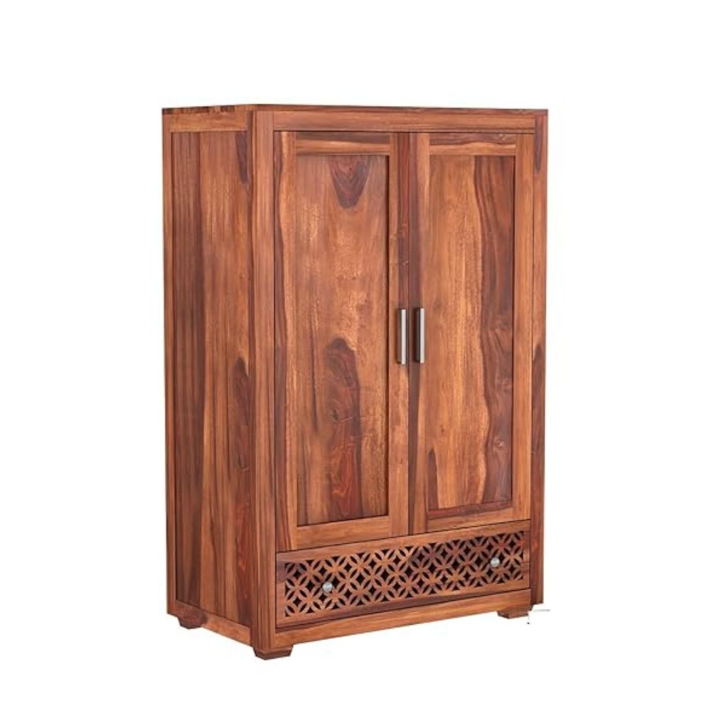 ONIJA  Wooden 2 Door Wardrobe for Clothes with 1 Drawer 1 Shelf Storage & Hanging Space - Sheesham Wood Almirah for Bedroom - Solid Wood Large Cupboard