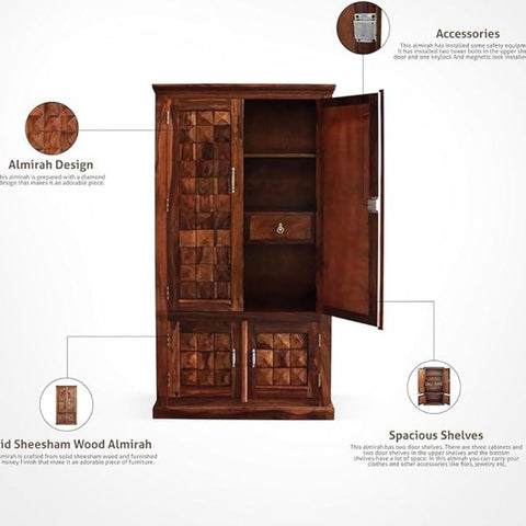 ONIJA  Solid Sheesham Wood Almirah/Wardrobe with Four Doors for Bedroom, Natural Honey Finish