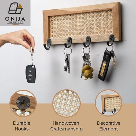 ONIJA Homes Wall Mounted Key Holder with Rattan Cane Design I Premium Teak Wood & Indonesian Natural Cane Webbing I Boho Style with 4 Metal Hooks I Size 12 in x 5 in
