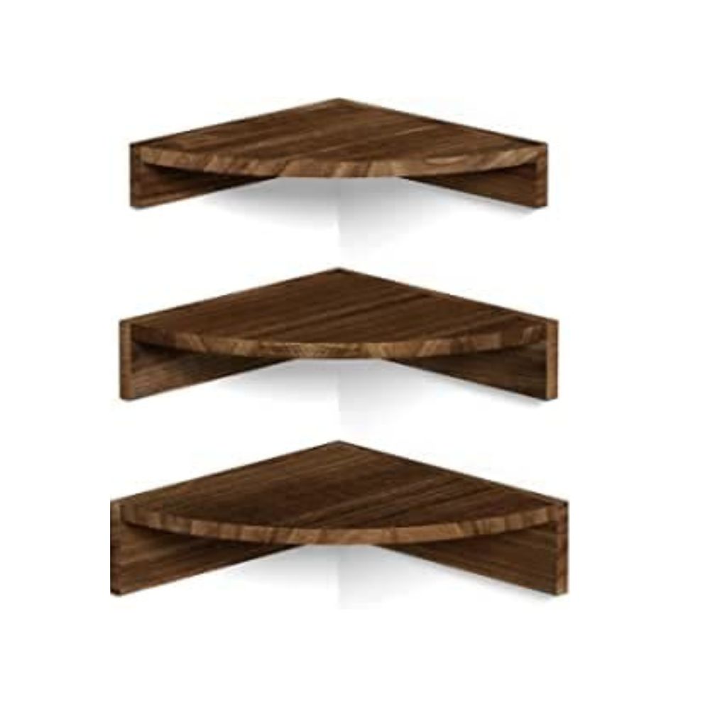 ONIJA Sheesham Wood Corner Shelf Wall Mount, Set of 3 Floating Shelves for Wall Storage and Display, Rustic Wall Shelves Wood Shelves for Bedroom, Kitchen, Living Room, Office (Dark Brown)
