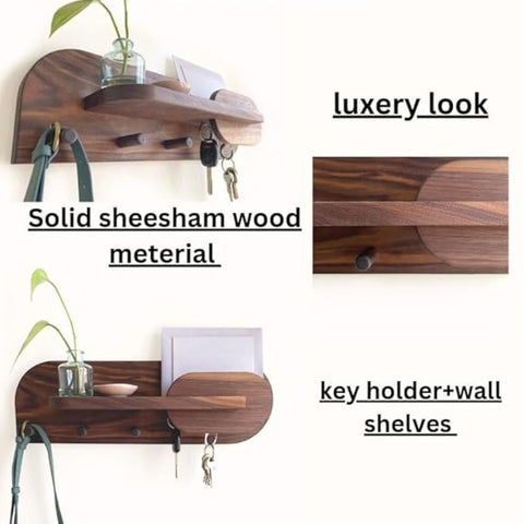 ONIJA Sheesham Wood Key Stand for Wall, Wooden Key Holder for Home, Key Chain Holder with 5 Hooks, Designer Key Chain Stand, Wall Stylish Key Stand for Entryway & Office Decor