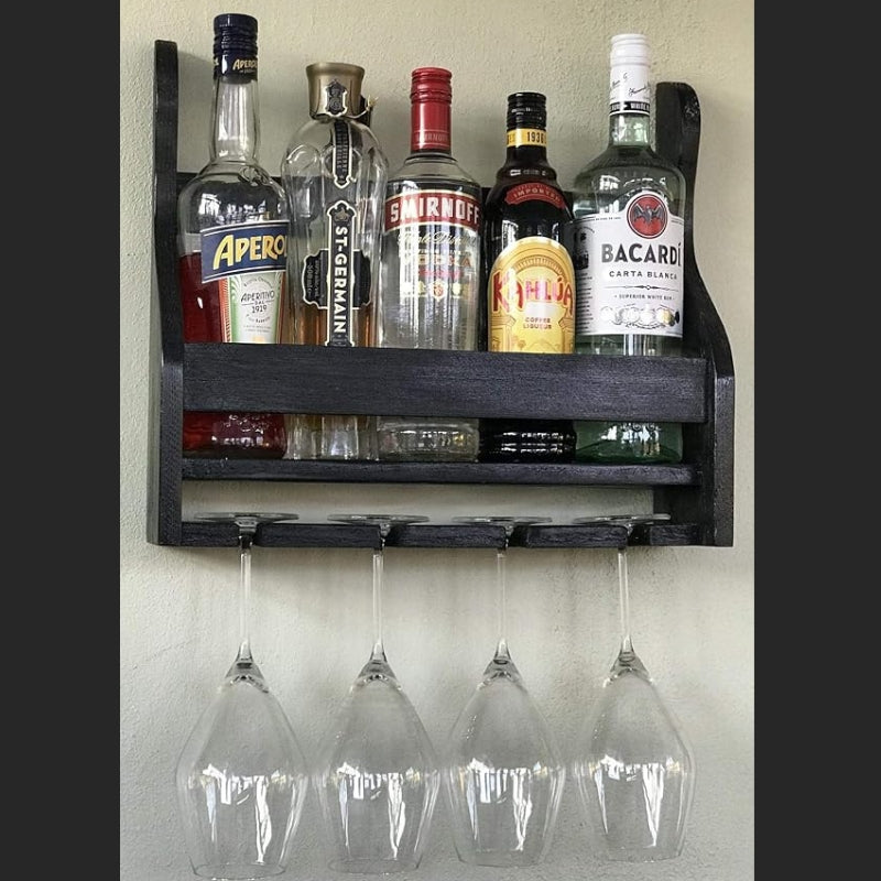 ONIJA  Wood Wine Rack - Wall Mounted - 4/8 Glasses and Bottles Holder | Mini Bar Cabinet for Home with Wine Glass Holder | Walnut (Black)