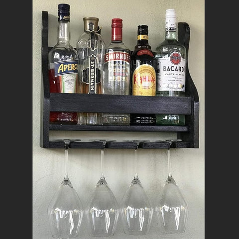 ONIJA  Wood Wine Rack - Wall Mounted - 4/8 Glasses and Bottles Holder | Mini Bar Cabinet for Home with Wine Glass Holder | Walnut (Black)