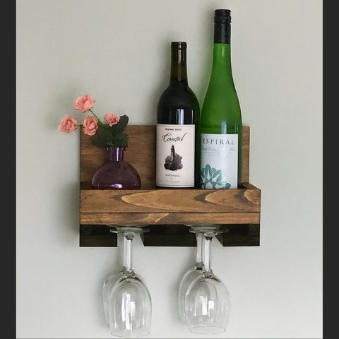 ONIJA Wood Wine Rack Shelf & Stemware Glass Holder Organizer Unique Bar Shelving Rustic Wedding Gift Wine Rack Wall Mounted 3 Bottles and 4 Wine Glass Rack Holder