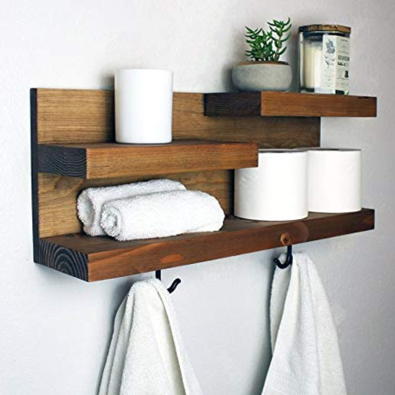 ONIJA Shelf Organizer with Towel Hooks, Apartment Decor, Wooden Towel Holder Rack, Extra Space Rack for Bathroom,Toilet Paper Holder