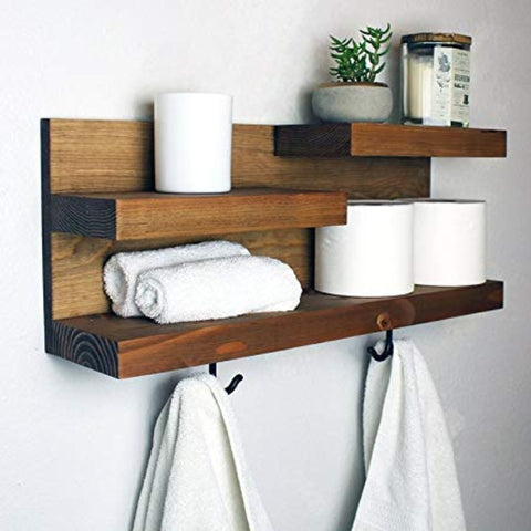 ONIJA Shelf Organizer with Towel Hooks, Apartment Decor, Wooden Towel Holder Rack, Extra Space Rack for Bathroom,Toilet Paper Holder
