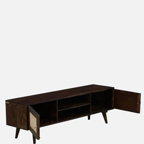 ONIJA Perk Rattan Solid Wood Tv Unit/Cabinet for LED LCD | Cane Design TV Stand for Living Room and Bedroom | Pure Sheesham Wood, Dark Walnut Finish|