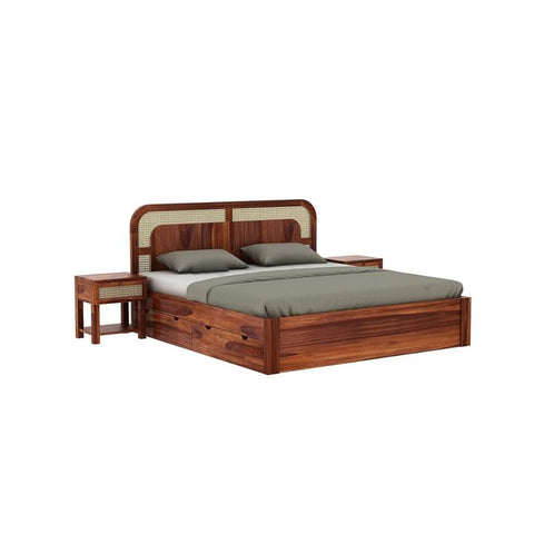 ONIJA Solid Sheesham Wood King Size Bed with Drawer Storage Wooden Double Bed Palang Bed for Bedroom Living Room Furniture - HONEY FINISH