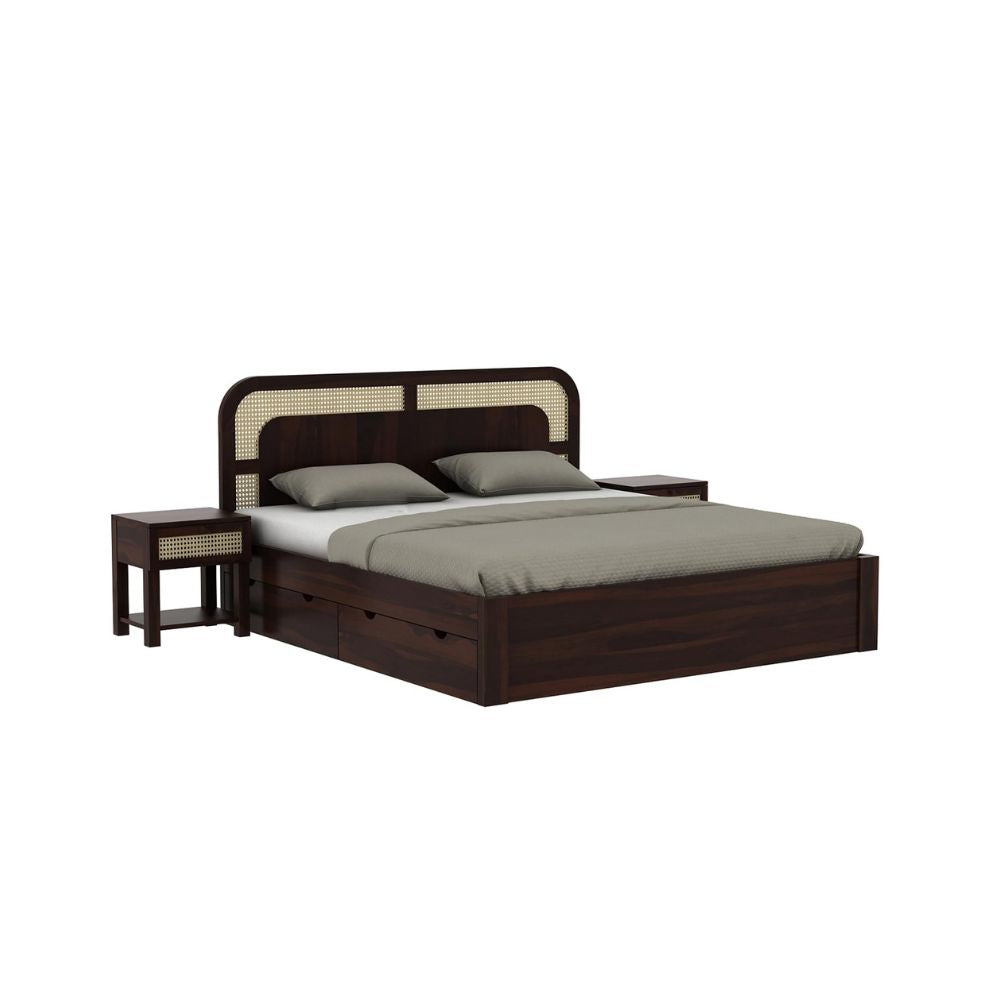 ONIJA Solid Sheesham Wood King Size Bed with Drawer Storage Wooden Double Bed Palang Bed for Bedroom Living Room Furniture - WALNUT FINISH