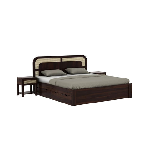 ONIJA Solid Sheesham Wood King Size Bed with Drawer Storage Wooden Double Bed Palang Bed for Bedroom Living Room Furniture - WALNUT FINISH