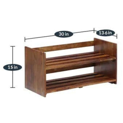 ONIJA Solid Wood | 0pen Shoe Rack | Compact Shoe Rack | Teak Finish (H 15 x L 30 x D 13.6 inch)