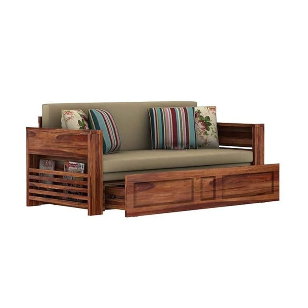 ONIJA Solid Wood Foster 3 Seater Sofa Cum Bed for Living Room | Three Seater Queen Size Sofa Bed for Home | Sofa Com Bed | Sheesham Wood Teak Brown Finish