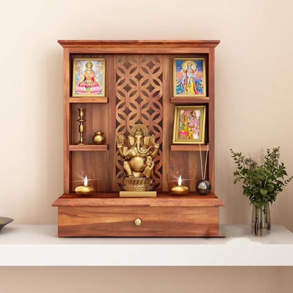 ONIJA Home Temple Wooden Puja Mandir Pooja Stand for Home and Office Wall Mandir for Home Temple for Home and Office (Natural)